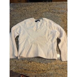 360 Cashmere Womens V-Neck Braided Sleeve Sweater Cream White S 100% Cashmere